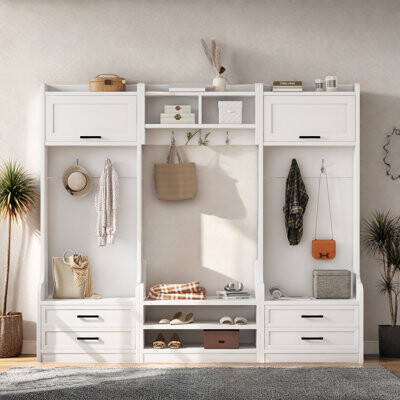 4-in-1 Detachable Hall Tree With Coat Rack And 7 Hooks, 4 Drawers, Cabinets And Shoe Bench
