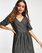 Thumbnail for your product : ASOS Petite DESIGN Petite wrap front textured mini smock in black and grey floral