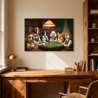 Winston Porter Animals Dogs Playing Poker In A Library Room