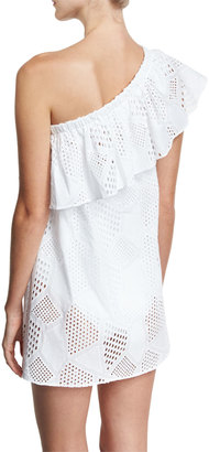 Milly Cotton Eyelet One-Shoulder Coverup Dress, White