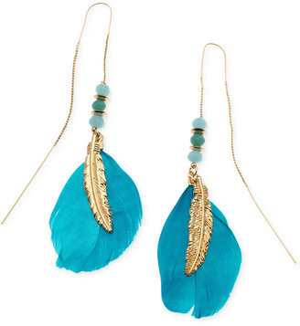 GUESS Gold-Tone Beaded Feather Threader Drop Earrings