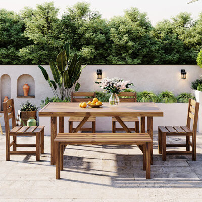 Ivy Bronx Wood Outdoor Seating For Poolside Enjoyment Sleek Dining Ensemble A Stylish Backyard