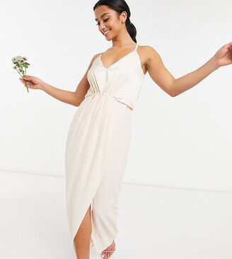 TFNC Petite bridesmaid satin halterneck top maxi dress in light blush