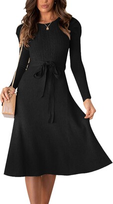 FEOYA Women's Knitted Dresses Tie Waist with Belt Long Puff Sleeve Round Neck Crew Neck Sweater Pullover Jumper Elegant Dresses Winter Solid Color