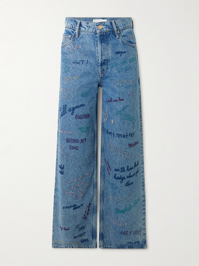 Mother Double Dip Nerdy Embroidered Mid-rise Wide-leg Jeans - Blue