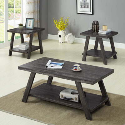 Gracie Oaks Haygan Contemporary Replicated Wood Shelf Coffee Set Table in Charcoal Finish