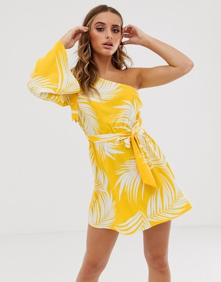 ASOS DESIGN one shoulder beach cover up with bunny tie in yellow palm outline print