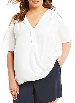 Gibson & Latimer Plus Front Wrap Blouse with Cold-Shoulder Sleeves