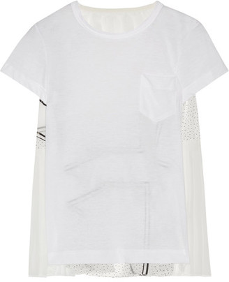 Sacai Printed Organza-paneled Linen-blend Jersey Top - White