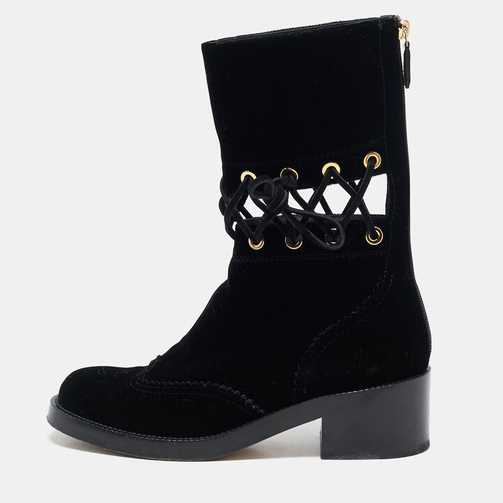 Chanel Black Velvet Lace Mid Calf Boots Size 38.5
