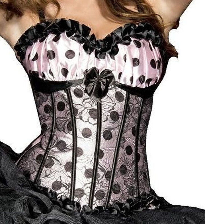 Music Legs Polka dot sweet heart neckline corset with boning, lace up back floral lace overlay with ribbon trim and matching g-string (Tutu and stockings not included)