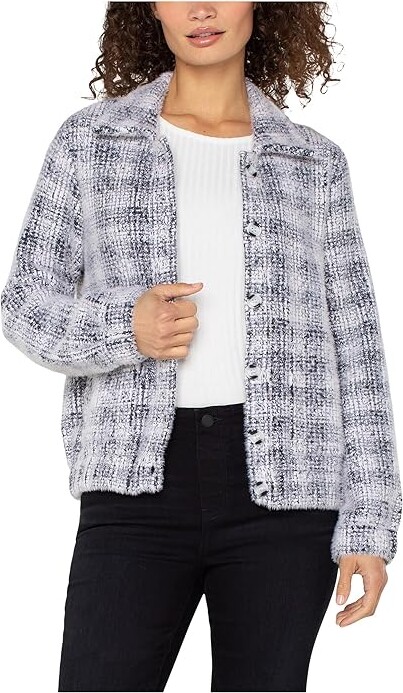Liverpool Los Angeles Long Sleeve Collared Bomber Sweater Jacket Women's Jacket Grey/White Plaid : SM, Denim/Polyamide/Viscose