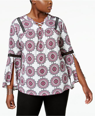 NY Collection Plus Size Printed Split-Sleeve Top