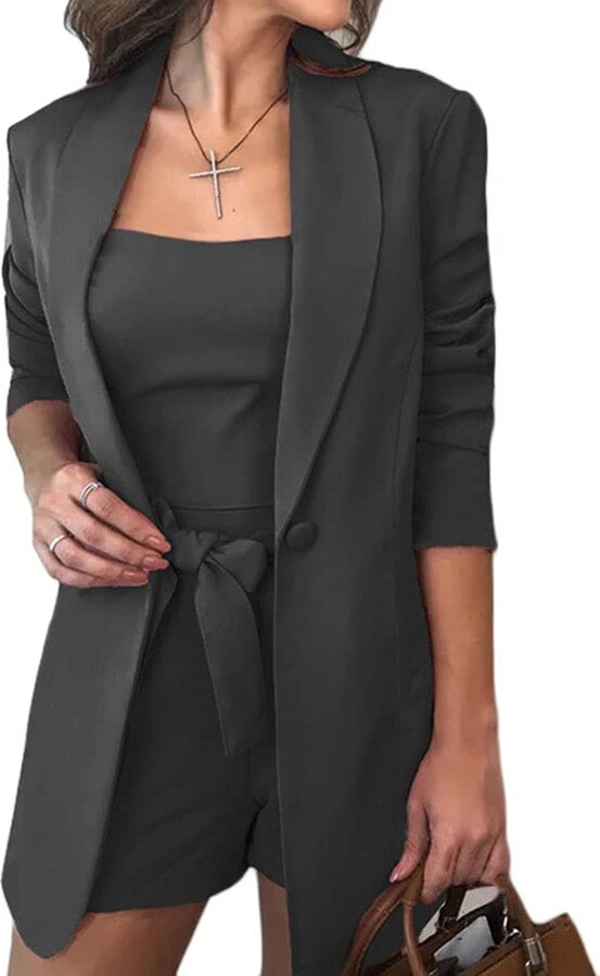 Women's Business Office Blazer Jacket Trousers Suit Ladies Formal Tailored Long Sleeve Slim-Fit Blazer Vest Shorts Suits 3 Piece Suit Set Tracksuits Casual Outfits 