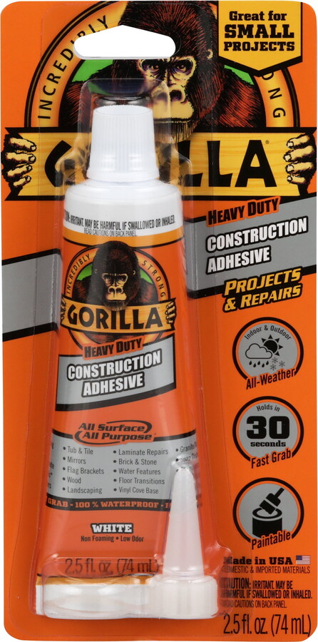 Gorilla Glue Heavy Duty Construction Adhesive, 2.5 oz, White. Model Is 8020002.