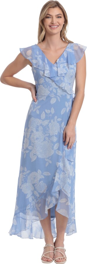 London Times Women's Ruffle Wrap Maxi Dress - BLUE/WHITE