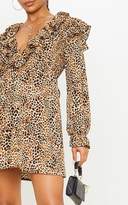 Thumbnail for your product : PrettyLittleThing Brown Leopard Print Frill Detail V Neck Shift Dress