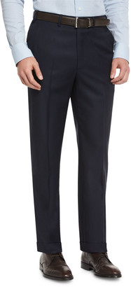 Brioni Phi Flat-Front Wool Trousers, Navy
