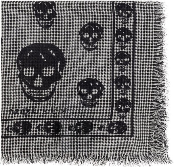 Alexander McQueen Houndstooth Skull Printed Frayed-Edeg Scarf