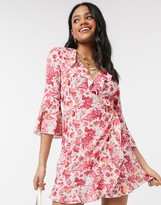 Thumbnail for your product : Outrageous Fortune ruffle wrap dress with fluted sleeve in pink floral print