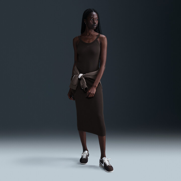 Nike Women's Sportswear Chill Knit Tight Mini-Rib Tank Top Dress in Brown | HJ0710-220