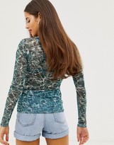 Thumbnail for your product : Daisy Street long sleeved mesh top in water print