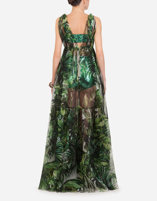 Dolce & Gabbana Long Organza Dress With Leaf Print