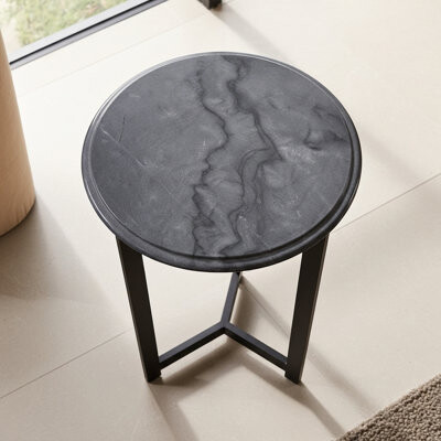 Onyx Marble Designs Round Onyx Marble Side Table With Black Metal Base, 20 Inch Diameter, 24 Inch Height, Gray