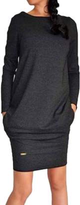 Tasatific Women Long Sleeve Solid Pocket Tunic Shirt Dress S Dark Grey