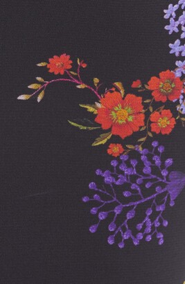 Fuzzi Floral Print Fringe Trim Long Sleeve Mesh Sheath Dress