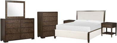 Latitude Run Queen Upholstered Panel Bed 2 Open Nightstands Drawer Dresser With Landscape Mirror And Drawer Chest