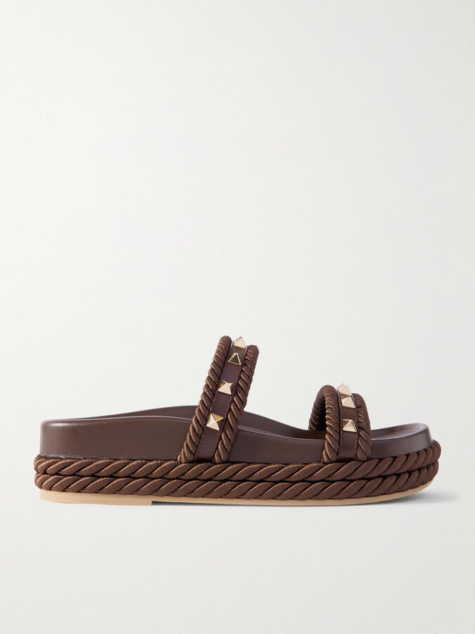 Valentino Garavani - Rockstud Rope-trimmed Studded Leather Platform Slides - Brown