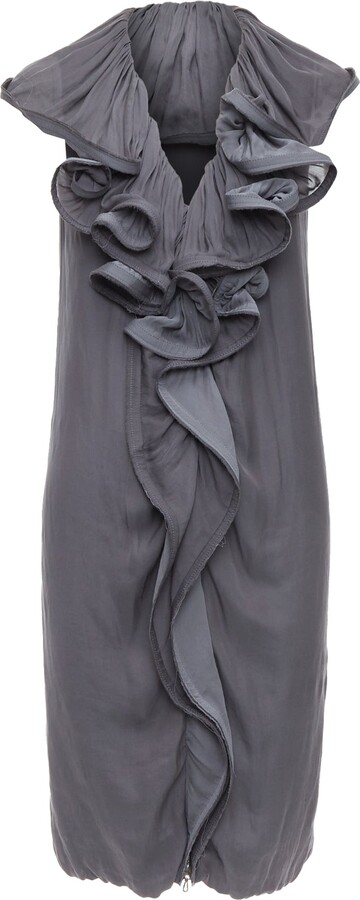 Lanvin Silky Trimmed Ruffle Collar V Neck Knee Dress