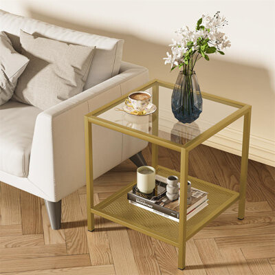 BATH Unique Black Glass End Table - 2-Tier Storage Easy Assembly Minimalist Design