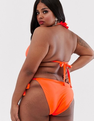ASOS DESIGN curve sleek tie side bikini bottom in neon orange