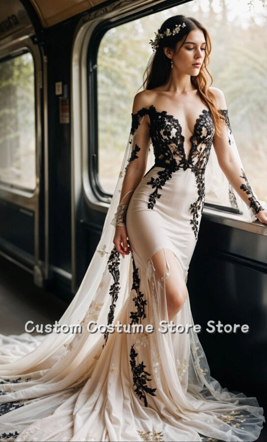 MARISOlSANCHEZ Customized Black and White Sexy V-Neck New Wedding Dress Snap Shoulder Tulle Long Sleeve Lace Beaded Applique Fishtail Floor-len