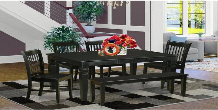 East West Furniture 6-Piece Rectangle Black Finish Solid Wood Top dining Table with 1 Bench and 4 Chairs with Lattice Back