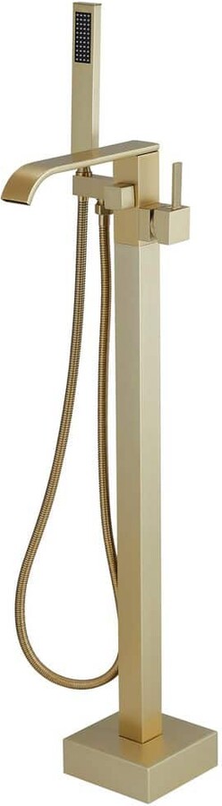 HOMEMYSTIQUE Single-Handle Floor Mount Freestanding Bathtub Faucet Waterfall Tub Filler with Handheld Shower in Brushed Gold