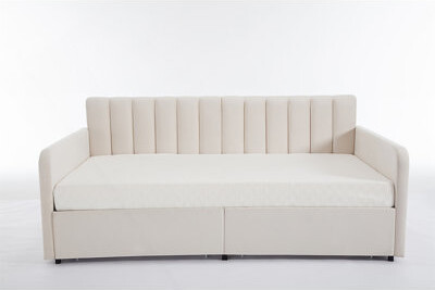 Mercer41 Luxurious Ivory Velvet Upholstered Daybed With 2 Spacious Drawers Ribbed Tufted Backrest For Modern Living