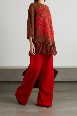 Valentino Garavani Fringed Embroidered Wool Poncho - Brown