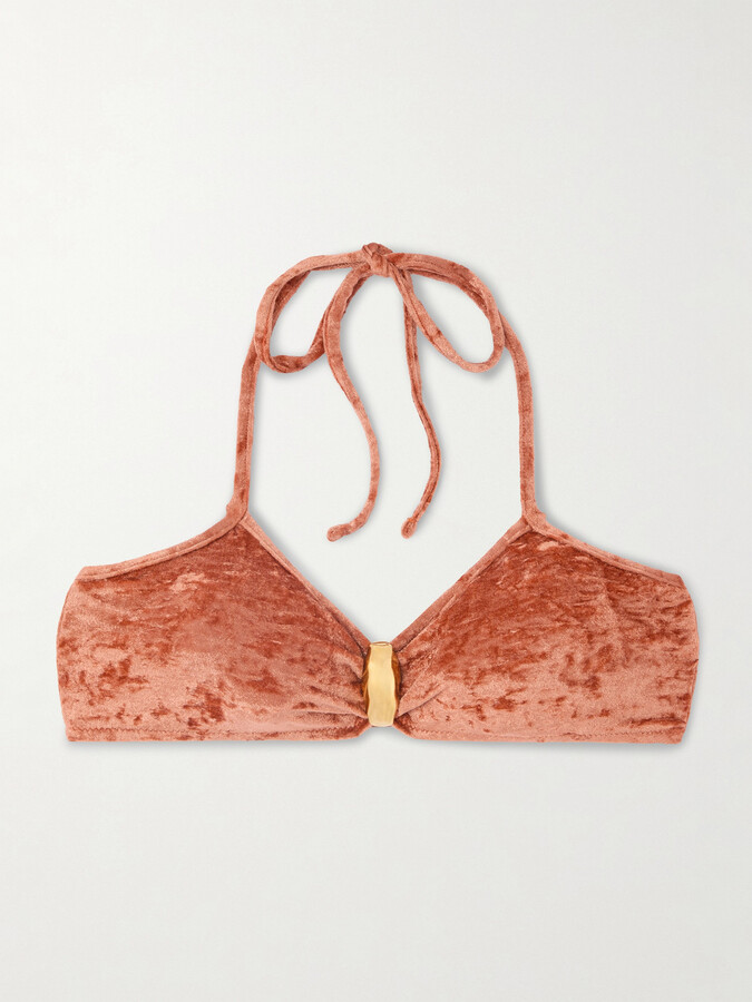Chloé - Embellished Velvet Halterneck Bikini Top - Orange