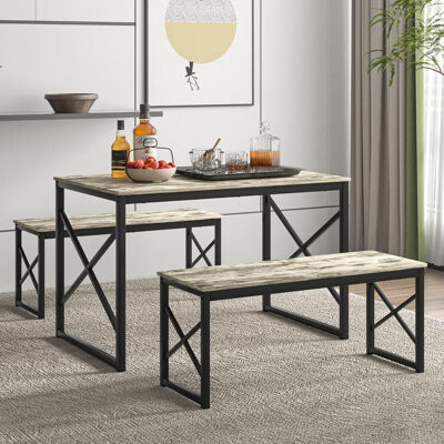 Vecelo Grey 3-Piece Dining Table Set With Benches – Kitchen, Small Space, Farmhouse