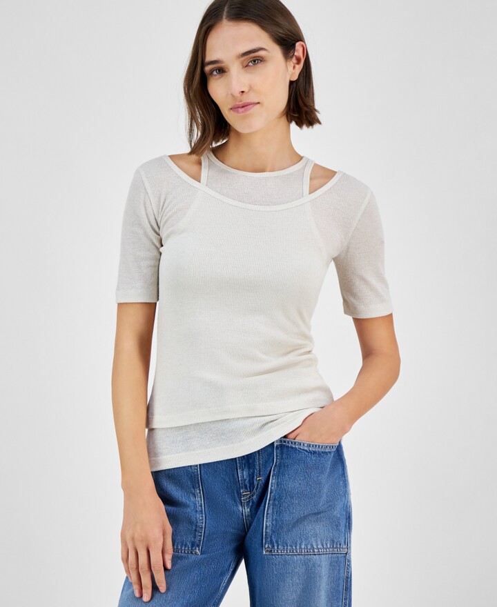 BOSS ORANGE Women's Slim Ribbed Layered-Look Short-Sleeve Top