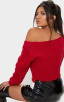 Thumbnail for your product : PrettyLittleThing Raspberry V Neck Off Shoulder Knitted Cropped Jumper