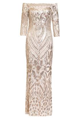 Quiz Champagne Sequin Bardot Fishtail Maxi Dress