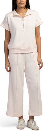 TJMAXX 2Pc Short Sleeve Half Zip Mock Neck Scuba Top And Pull On Pants Set, Spandex/Polyester/Rayon