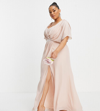 ASOS Curve ASOS DESIGN Curve Bridesmaid short-sleeved cowl front maxi dress with button-back detail in blush