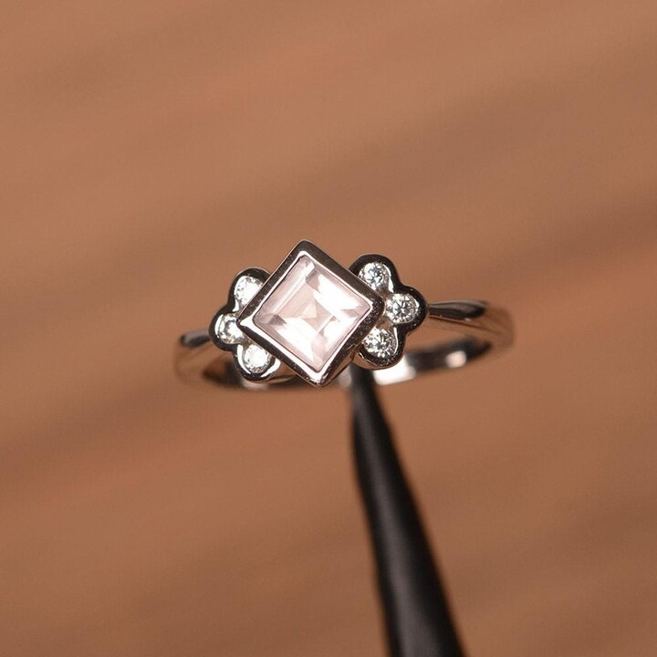 Etsy Wedding Ring Natural Pink Quartz Square Cut Gems Gemstone Sterling Silver Bezel Setting
