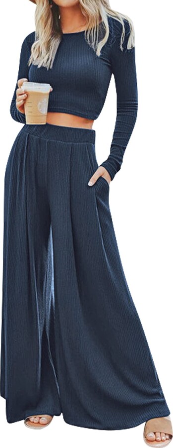 Eledobby Women Crop Tops Sets 2 Pieces Wide Leg Tracksuits with Pockets  Baggy Long Sleeve Pajama Set Casual Women Lounge Wear Backless Spring Fall  Clothing Navy Blue XL - ShopStyle