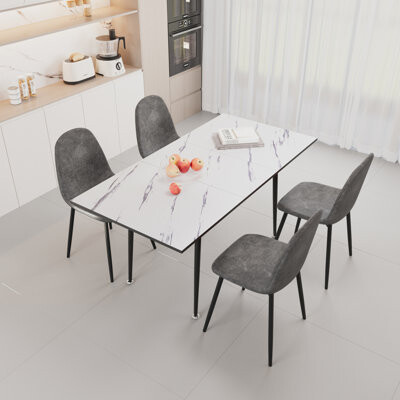 Extendable Dining Furniture , 47"-63", 2-6 Seats, White Table, Grey Chairs, Metal Base, Suede, Stylish Appeal Table And Chair With Easy To Install, St